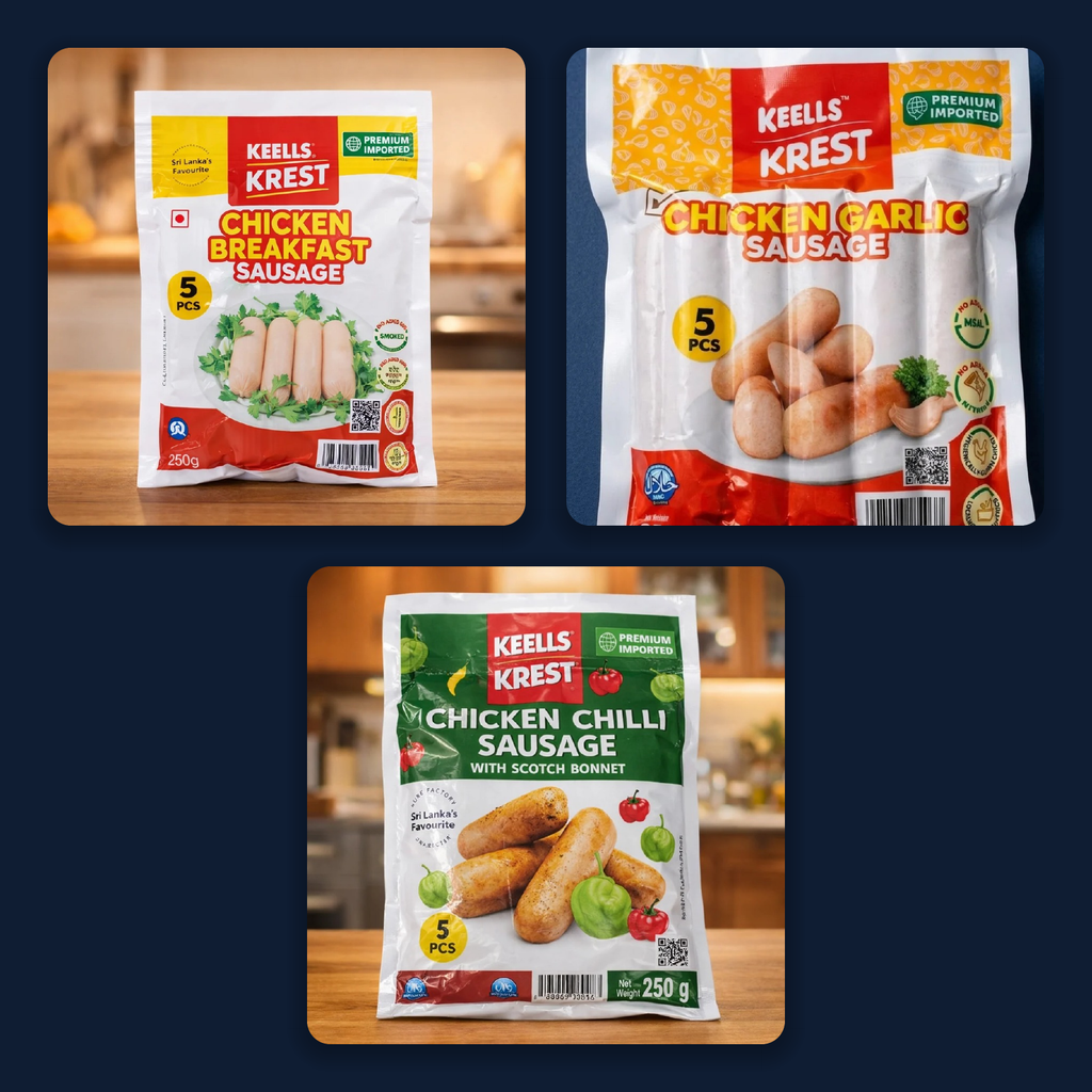 Keells Krest Chicken Sausage Trio: Breakfast, Garlic & Chilli (3 × 250 g | 15 pcs)