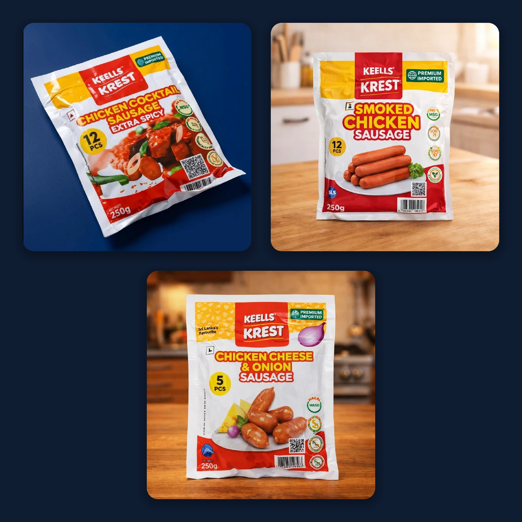 Keells Krest Chicken Sausage Variety Pack: Cocktail, Smoked & Cheese & Onion (29 pcs)